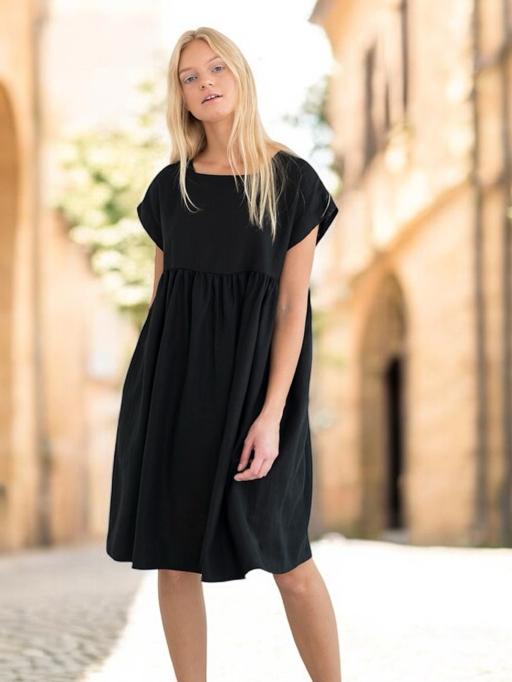 Love and Confuse Women’s Black Short Sleeve Poppy Linen Pockets Lagenlook  Dress